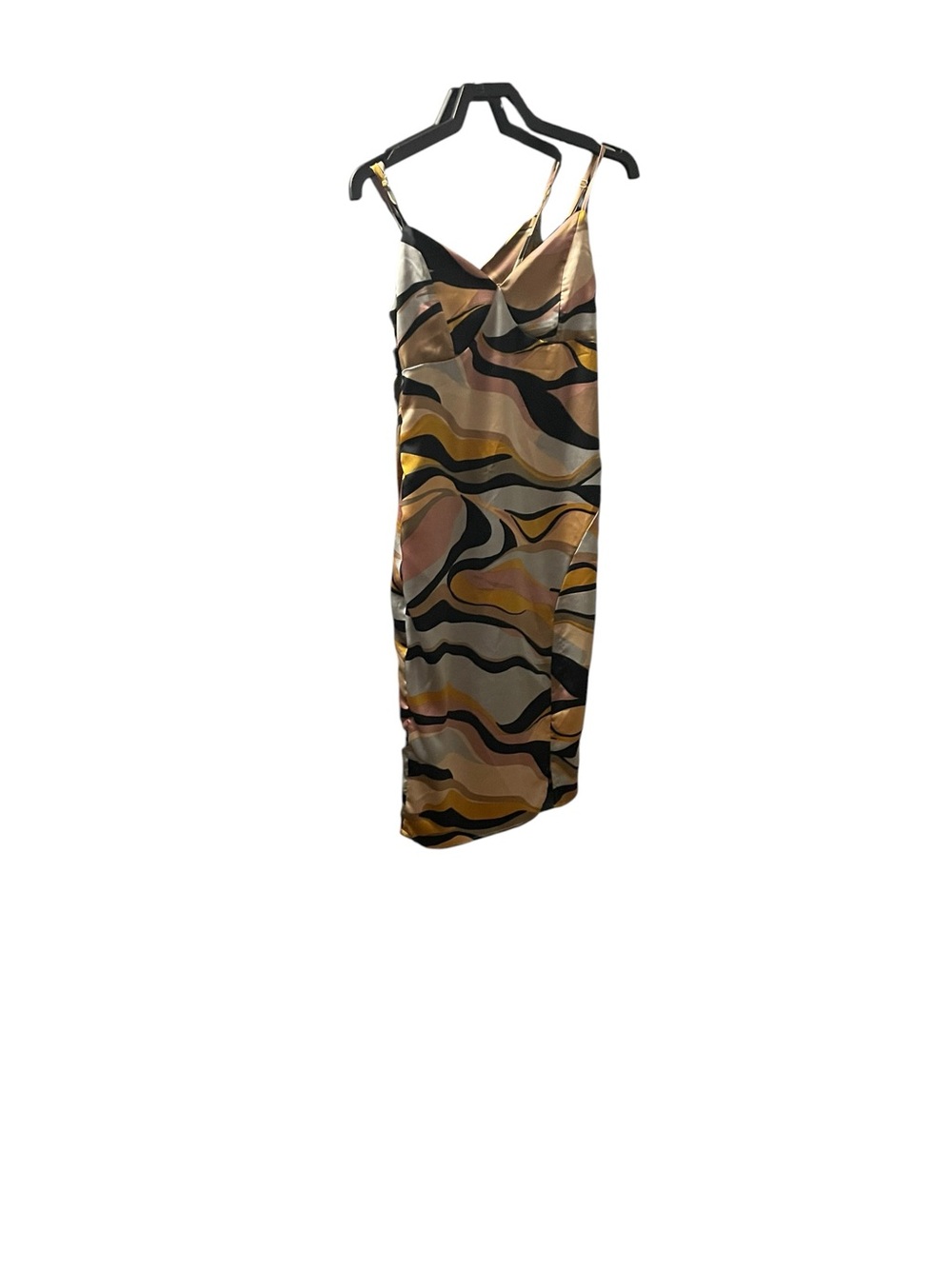 Retro Abstract Swirl Print Satin Midi Dress – Pink & Yellow – Size [m] - Picture 7 of 9
